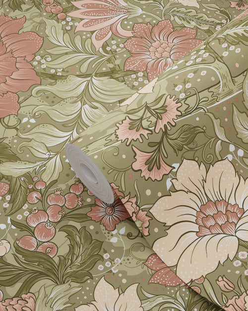 ESTAhome behang vintage bloemen groen en oudroze - 50 x 900 cm - 131196