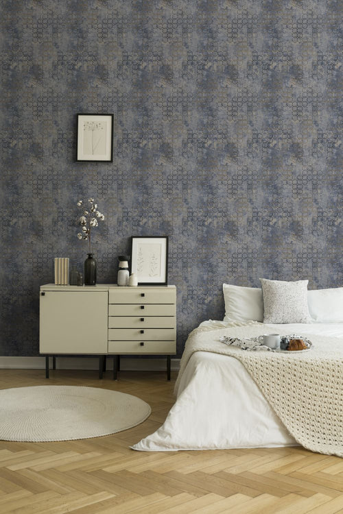 Livingwalls behang hexagon vergrijsd blauw, grijs en goud - 53 cm x 10.05 m - AS-374245