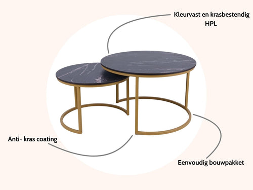 MaximaVida ronde salontafel set Firenze XL 75 en 58 cm champagne goud - zwart HPL marmer look - vtwonen shop