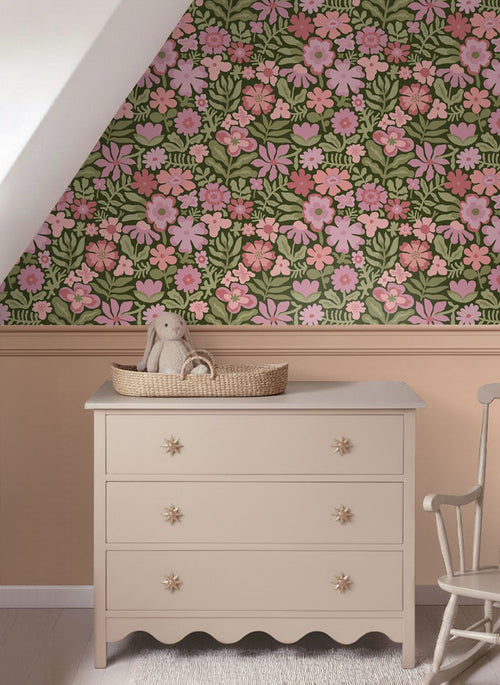 ESTAhome behang bloemetjes groen, roze en paars - 50 x 900 cm - 132293