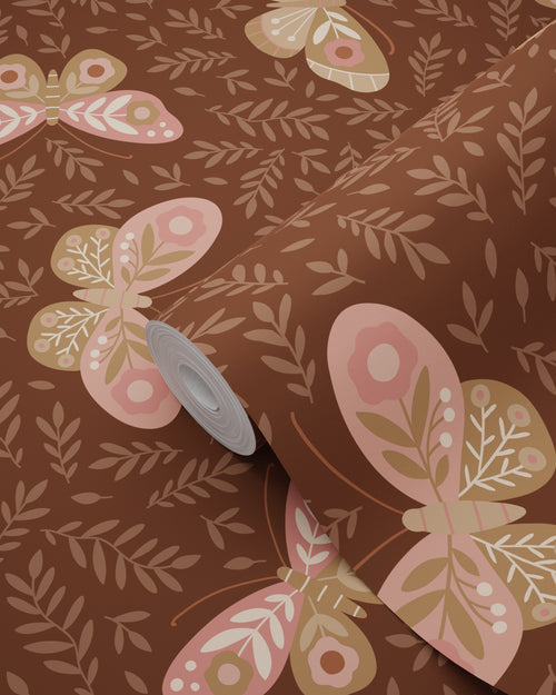 ESTAhome behang vlinders donkerbruin en roze - 50 x 900 cm - 131888