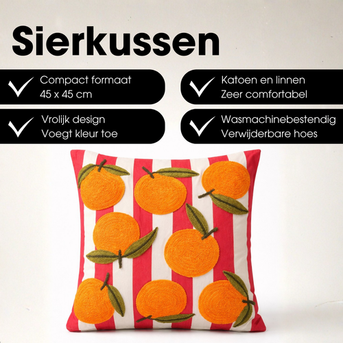 Mica Decorations Sinaasappel Sierkussen - Kussen met Kussenhoes - Woondecoratie Woonkamer - 45 x 45 x 10 cm - Katoen, Polyester - Off-white, Rood,
