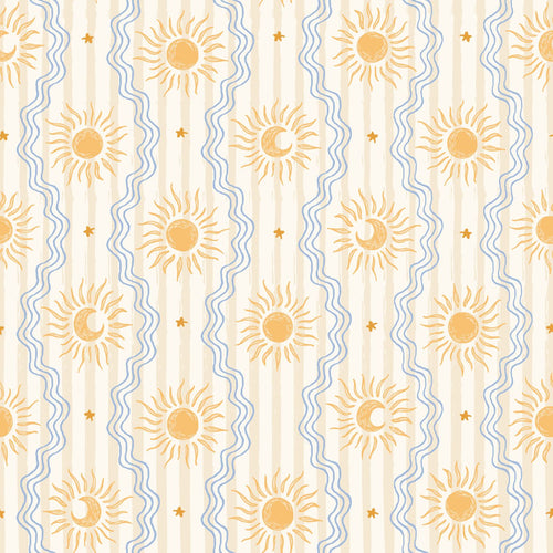 ESTAhome behang retro ornamenten beige, blauw en geel - 50 x 900 cm - 132017