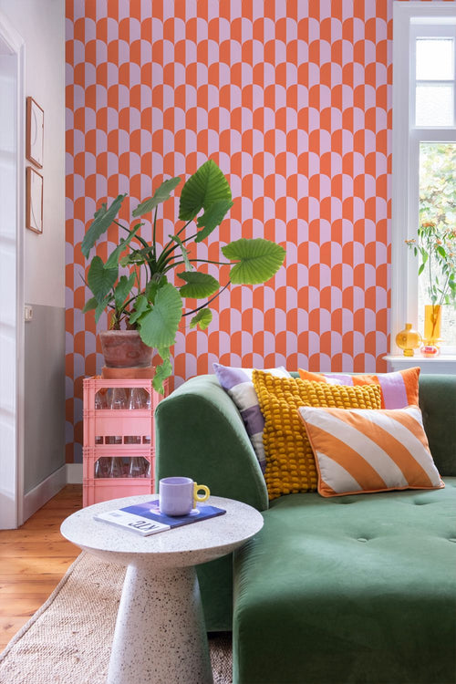 ESTAhome behang art deco bogen lila paars en oranje - 53 cm x 10.05 m - 139982