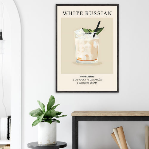 Artfulprints Poster met Lijst White Russian cocktail - Ingrediënten   - 50x70 cm - Wit