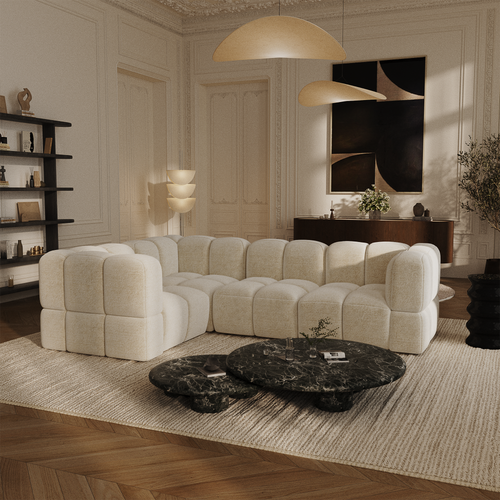 Sia Home - Modulaire hoekbank links NUBI - Fluweel met structuur - Crème - 570cm