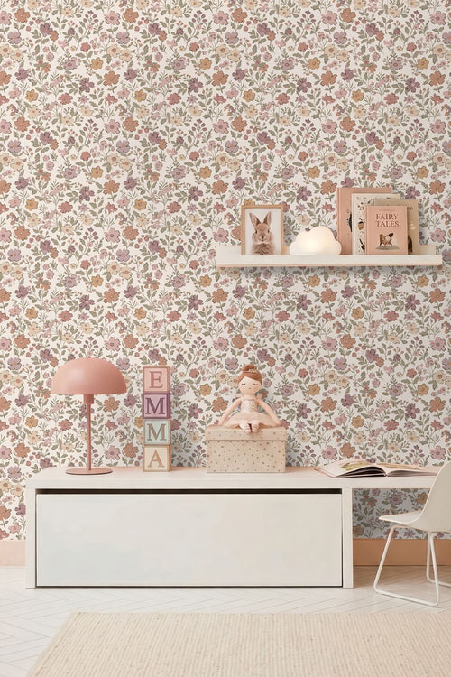 ESTAhome behang bloemetjes mauve paars, vergrijsd groen en terracotta - 53 cm x 10.05 m - 131328