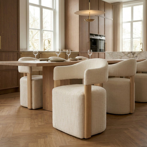 DÉJA Living Eetkamerstoel Niva - Beige/Naturel Stof - Met Wielen - Set van 2