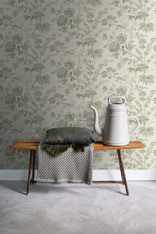 ESTAhome behang vintage bloemen crème en vergrijsd groen - 53 cm x 10.05 m - 139400