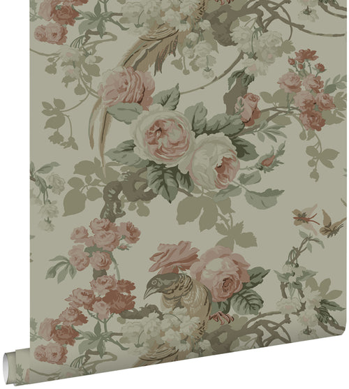 ESTAhome behang bloemen en vogels vergrijsd groen - 50 x 900 cm - 139810 - vtwonen shop