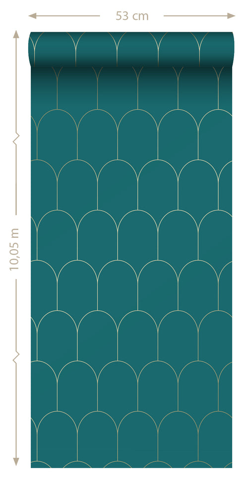 ESTAhome behang art deco motief petrolblauw en goud - 53 cm x 10.05 m - 139205