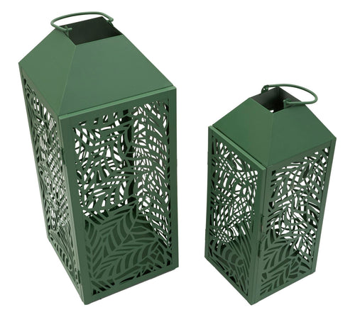 Set van 2 metalen lantaarns groen 18x18x44 - 14x14x34 cm