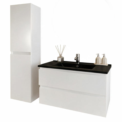 LOMAZOO badmeubelset Verona - met kolomkast & zwarte wastafel - glanzend wit - 80 cm