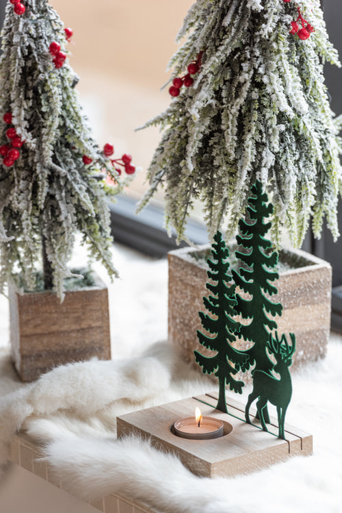 J-Line theelichthouder 1 stuk rendier/bomen - metaal/hout - donkergroen - vtwonen shop