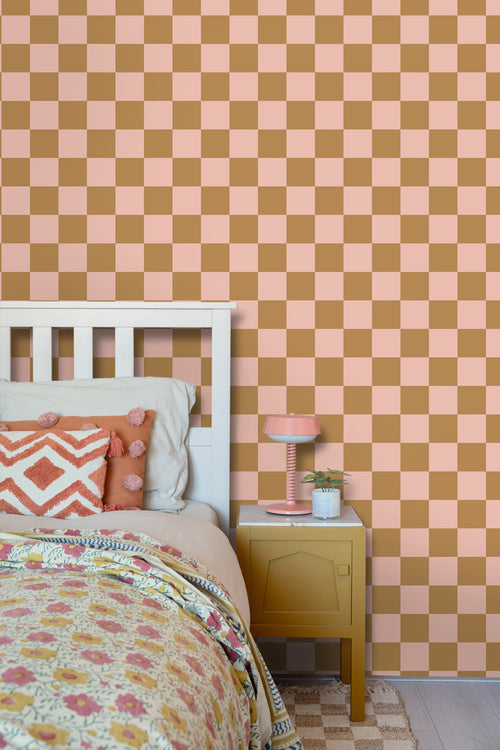 ESTAhome behang geblokt motief roze en bruin - 50 x 900 cm - 131420 - vtwonen shop