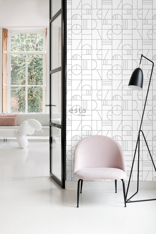 ESTAhome behang art deco motief wit en zwart - 53 cm x 10.05 m - 139142