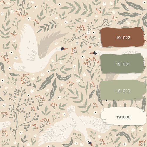 ESTAhome behang zwanen beige, wit en vergrijsd groen - 53 cm x 10.05 m - 139797