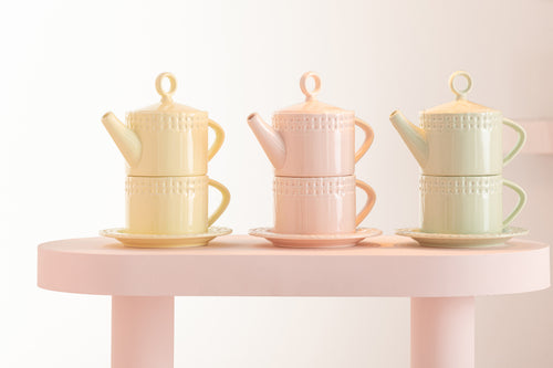 J-Line theepot + theekop - keramiek - roze - woonaccessoires - vtwonen shop