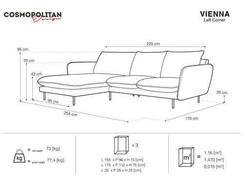 Cosmopolitan Design linker hoekbank Vienna 5-zits, flueel, zwart - 170x255x95cm