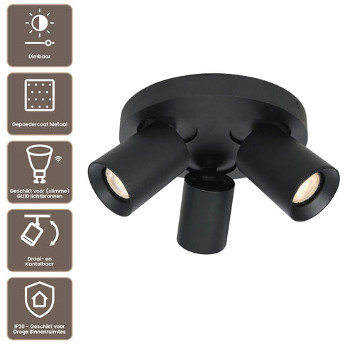 Artdelight Plafondlamp Megano 3L Rond - Zwart