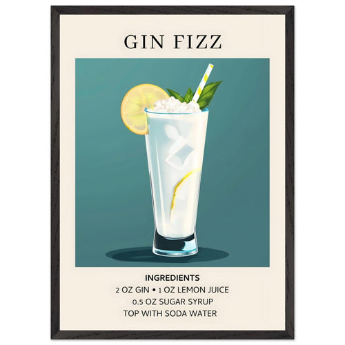Artfulprints Poster met Lijst Gin Fizz cocktail - Ingrediënten   - 50x70 cm - Blauw