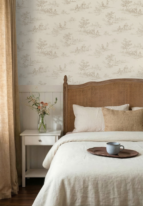 ESTAhome behang toile de jouy print lichtbeige - 53 cm x 10.05 m - 139811