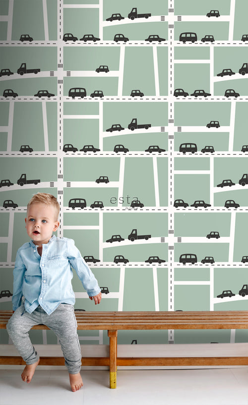 ESTAhome behang auto's mintgroen, zwart en wit - 53 cm x 10.05 m - 139283