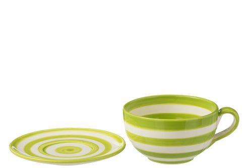 J-Line kopje + schoteltje Granada Stripes - keramiek - wit/groen - vtwonen shop