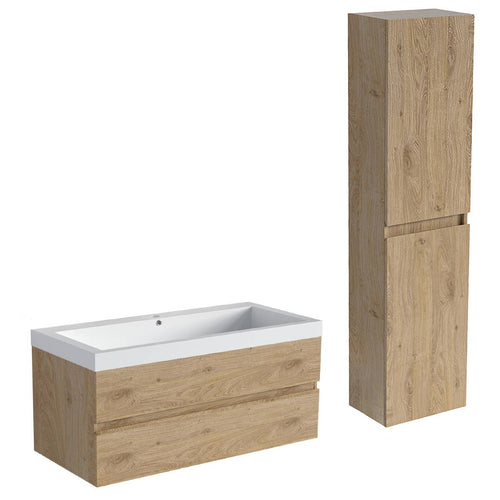LOMAZOO badmeubelset Avalon - met hoge kast & witte wastafel - licht eiken - 100 cm