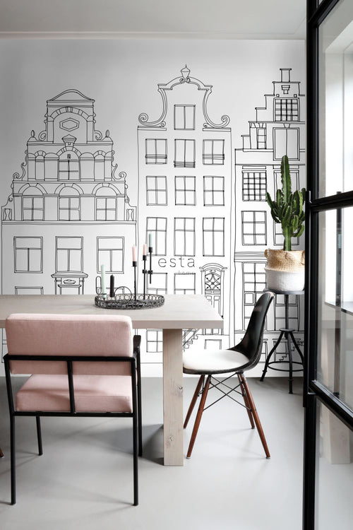 ESTAhome fotobehang getekende Amsterdamse grachtenhuisjes zwart en wit - 150 x 279 cm - 158833 - vtwonen shop