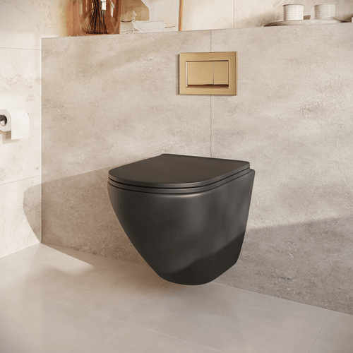 LOMAZOO hangtoiletset Linea - met inbouwreservoir & vierkante drukplaat - rond - goud / zwart