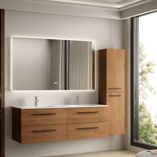 LOMAZOO badmeubelset Navero - met hoge kast & witte wastafel - warm eiken - 140 cm
