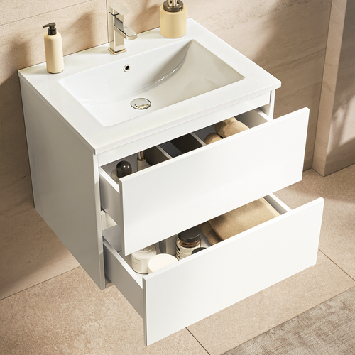 LOMAZOO badkamermeubel Nineo - zwevend met witte wastafel - glanzend wit - 60 cm