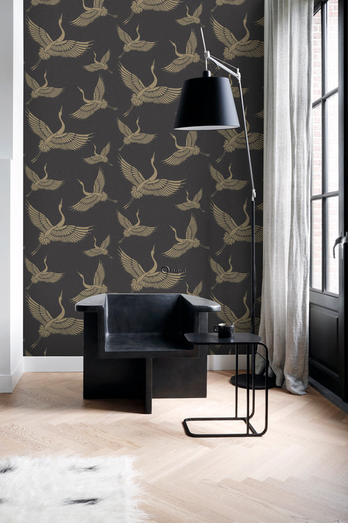 Origin Wallcoverings behang kraanvogels zwart en beige - 50 x 900 cm - 347810 - vtwonen shop