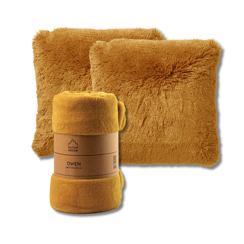 Dutch Decor - VOORDEELSET - 3-delig - Fluffy & Owen - 2 sierkussens 45x45 cm - 1 plaid 130x160 cm - geel - vtwonen shop