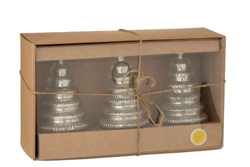 J-Line decoratie Boom Geribbeld - glas - zilver - doos van 3 - LED lichtjes