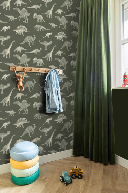 ESTAhome behang dinosaurussen olijfgroen - 50 x 900 cm - 131867