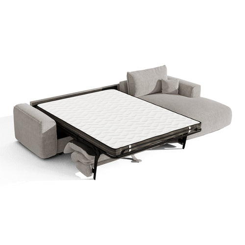 Premium Interiors - Rechthoekige hoekbank met snelle slaapfunctie COMO - bouclé-stof lichtgrijs 300cm