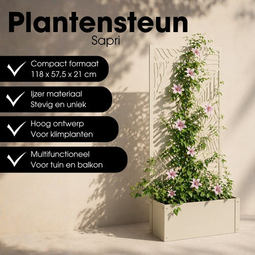 Mica Decorations Sapri Plantensteun - Plantenbak met Klimrek voor Klimplanten - Plantenstandaard Vrijstaand of tegen Muur - 57,5 x 21 x 118 cm - Off