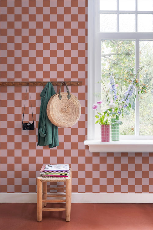 ESTAhome behang geblokt motief terracotta en oudroze - 53 cm x 10.05 m - 131419