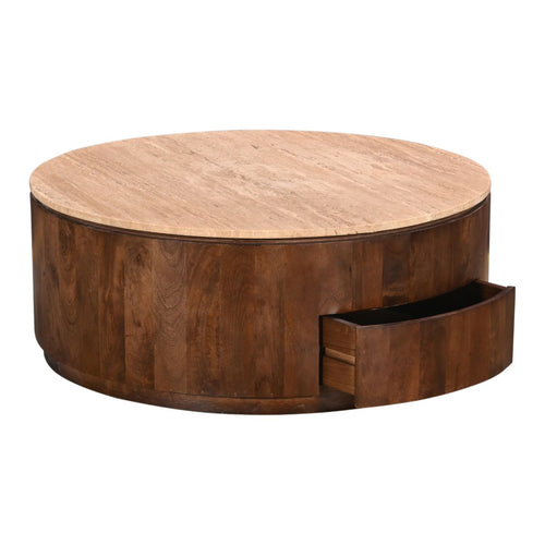 Giga Meubel Salontafel Elan Rond - Travertin - Walnoot - 90x90x35cm - Incl. Lades - vtwonen shop