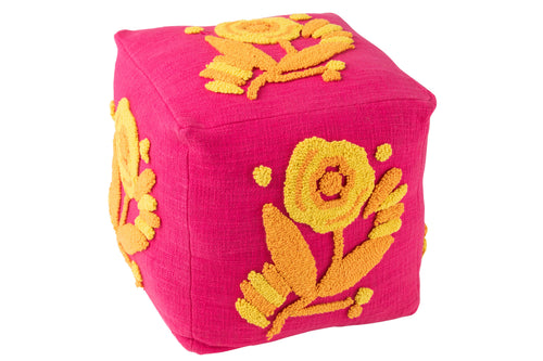 J-Line poef Vierkant Bloem - katoen - roze/oranje/geel