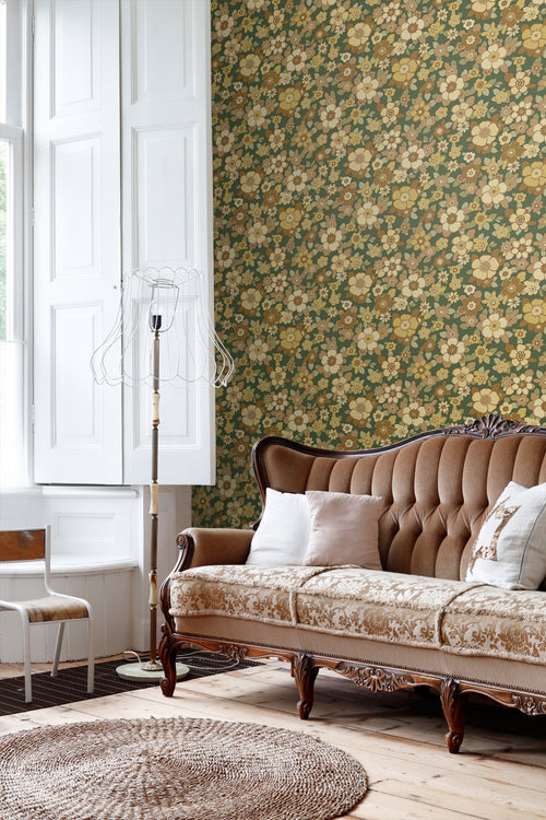 ESTAhome behang retro bloemen donkergroen en geel - 50 x 900 cm - 131528 - vtwonen shop