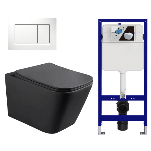 LOMAZOO hangtoiletset Linea - met inbouwreservoir & vierkante drukplaat - vierkant - wit / zwart