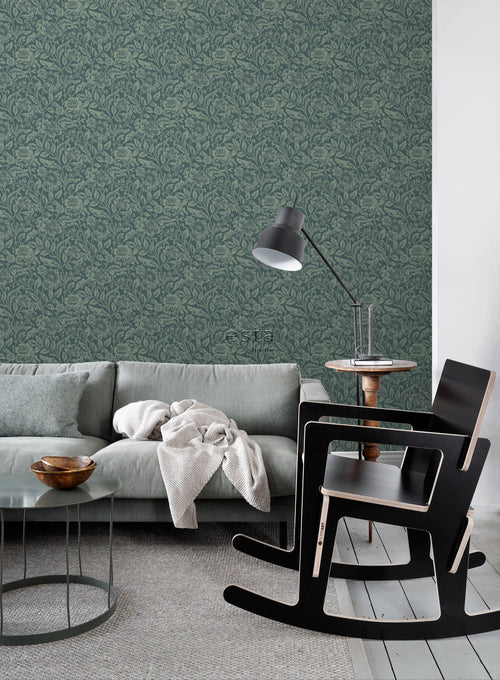ESTAhome behang vintage bloemen donkerblauw en vergrijsd groen - 53 cm x 10.05 m - 139429