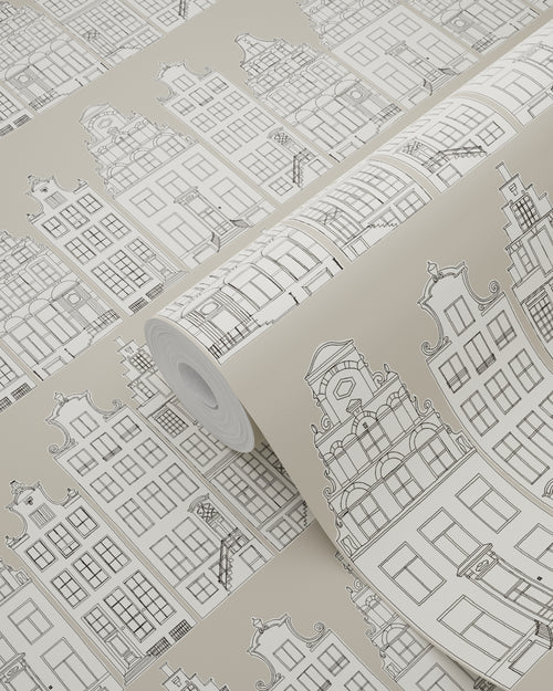 ESTAhome behang Amsterdamse huizen beige - 53 cm x 10.05 m - 137713