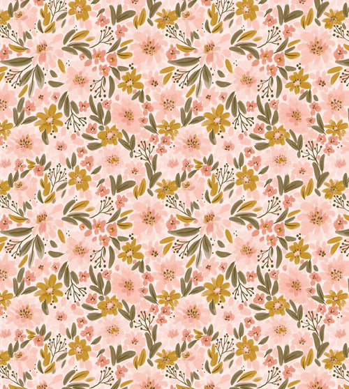 ESTAhome fotobehang bloemen licht roze, okergeel en vergrijsd groen - 2.5 x 2.79 m - 159630