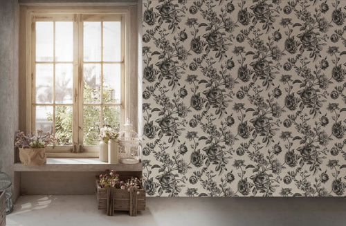 Livingwalls behang bloemmotief zwart, crème en wit - 53 cm x 10.05 m - AS-387002
