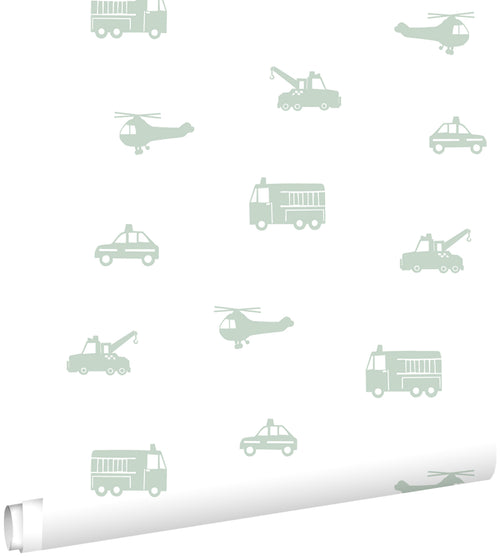 ESTAhome behang auto's, brandweerauto's, helikopters en kranen groen 53 cm x 10.05 m 128856