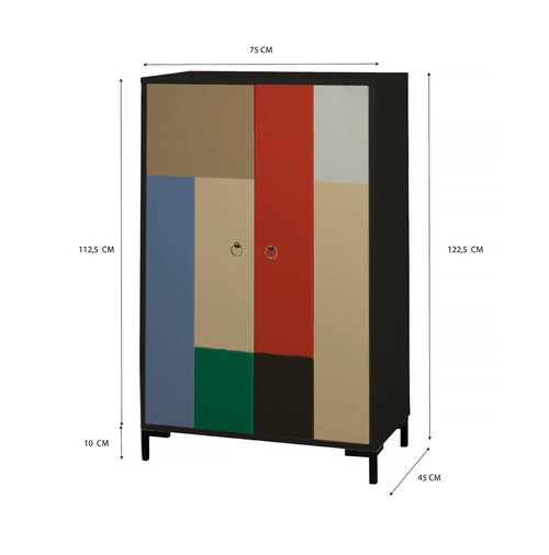 Dressoir van MDF met 2 decoratieve deuren, motief met tegeltjes in beige, blauw en groen